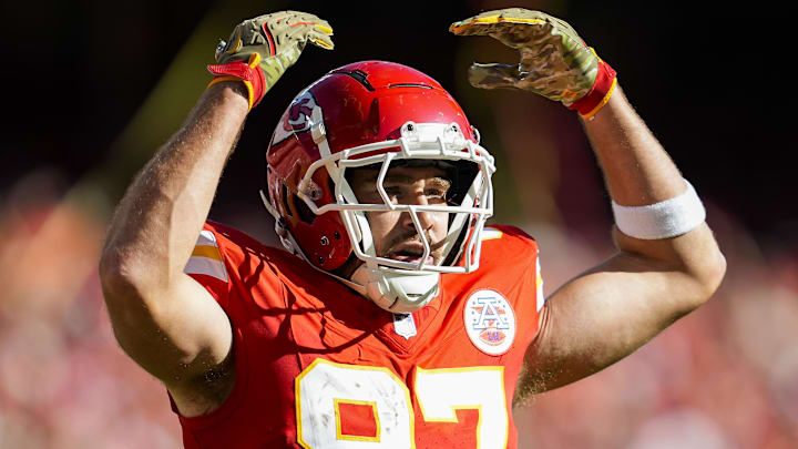 Nov 10, 2024; Kansas City, Missouri, USA; Kansas City Chiefs tight end Travis Kelce (87) celebrates after scoring a touchdown during the second half against the Denver Broncos at GEHA Field at Arrowhead Stadium. Mandatory Credit: Jay Biggerstaff-Imagn Images Nov 10, 2024; Kansas City, Missouri, USA; Kansas City Chiefs tight end Travis Kelce (87) celebrates after scoring a touchdown during the second half against the Denver Broncos at GEHA Field at Arrowhead Stadium. Mandatory Credit: Jay Biggerstaff-Imagn Images