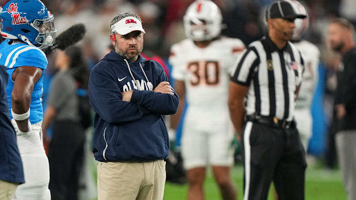 Ole Miss head coach Pete Golding stands on the field during warmups before the CFP Fiesta Bowl at the State Farm Stadium, in Glendale, Ariz., on Thursday, Jan. 8, 2026.