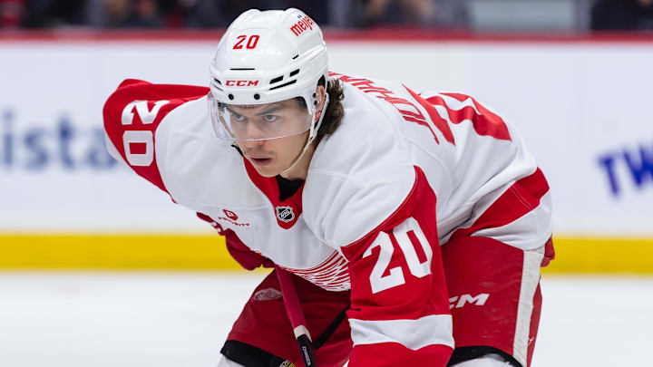 Mar 10, 2025; Ottawa, Ontario, CAN; Detroit Red Wings defenseman Albert Johansson (20) gets in position for a faceoff in the first period against the Ottawa Senators at the Canadian Tire Centre. Mandatory Credit: Marc DesRosiers-Imagn Images