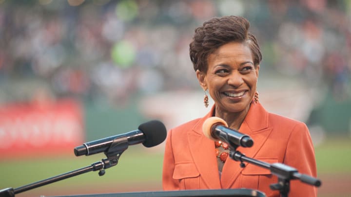 Apr 15, 2014; San Francisco, CA, USA; San Francisco Giants public announcer Renel Brooks-Moon speaks before the game against the Los Angeles Dodgers at AT&T Park. Ed Szczepanski-Imagn Images