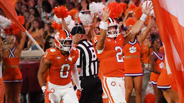 Sept 7, 2024; Clemson, SC, USA; The Clemson Tigers played the Appalachian State Mountaineers in college football Saturday, Sept. 7, 2024. Clemson quarterback Cade Klubnik (2) after his touchdown play. 