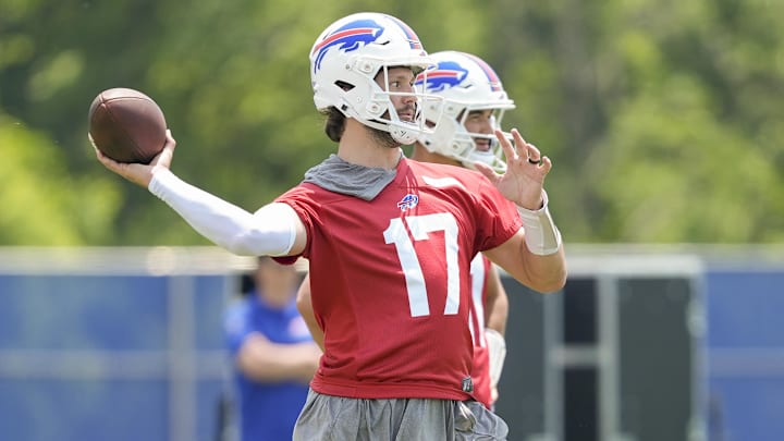 Buffalo Bills quarterback Josh Allen throws the ball during Minicamp at Highmark Stadium. Buffalo Bills quarterback Josh Allen throws the ball during Minicamp at Highmark Stadium.