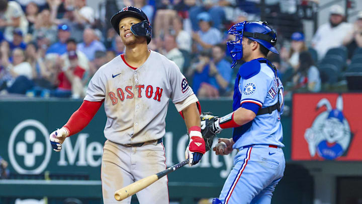 Boston Red Sox second baseman Kristian Campbell (28) reacts after striking out during the eighth inning against the Texas Rangers at Globe Life Field. Boston Red Sox second baseman Kristian Campbell (28) reacts after striking out during the eighth inning against the Texas Rangers at Globe Life Field.