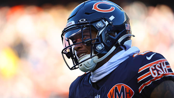 Nov 23, 2025; Chicago, Illinois, USA; Chicago Bears wide receiver DJ Moore (2) reacts during the second half at Soldier Field.