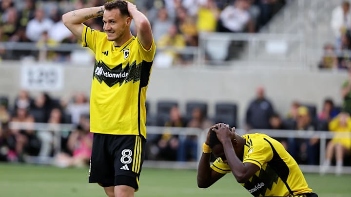 May 17, 2025; Columbus, Ohio, USA;  Columbus Crew midfielder Daniel Gazdag reacts after a missed shot during the first half against the FC Cincinnati at Lower.com Field. Mandatory Credit: Joseph Maiorana-Imagn Images