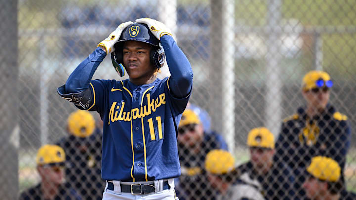 Milwaukee Brewers shortstop prospect Jesus Made prepares to hit during spring training workouts Monday, February 17, 2025, at American Family Fields of Phoenix in Phoenix, Arizona. Milwaukee Brewers shortstop prospect Jesus Made prepares to hit during spring training workouts Monday, February 17, 2025, at American Family Fields of Phoenix in Phoenix, Arizona.