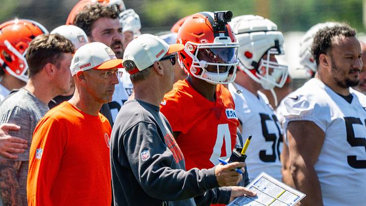 Cleveland Browns coach Todd Monken works with Cleveland Browns quarterback Deshaun Watson (4) during the second day of training camp, July 30, 2026, in Berea, Ohio. Cleveland Browns coach Todd Monken works with Cleveland Browns quarterback Deshaun Watson (4) during the second day of training camp, July 30, 2026, in Berea, Ohio.