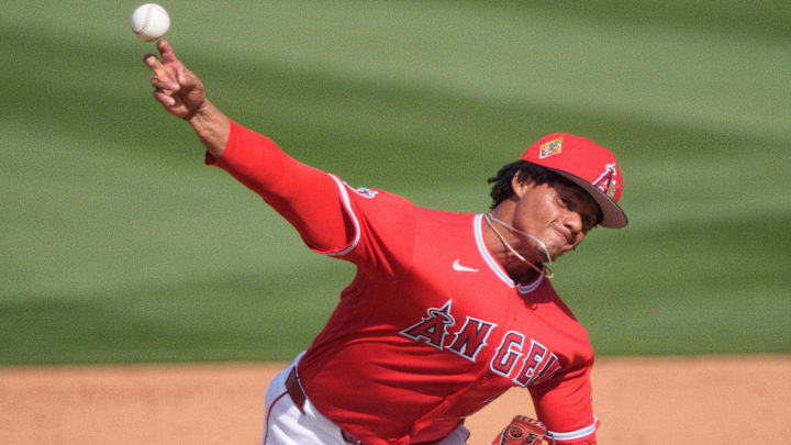 Feb 24, 2026; Tempe, Arizona, USA; Los Angeles Angels pitcher Joel Hurtado (72) pitches in the sixth inning against the San Francisco Giants during a spring training game at Tempe Diablo Stadium. Mandatory Credit: Allan Henry-Imagn Images Feb 24, 2026; Tempe, Arizona, USA; Los Angeles Angels pitcher Joel Hurtado (72) pitches in the sixth inning against the San Francisco Giants during a spring training game at Tempe Diablo Stadium. Mandatory Credit: Allan Henry-Imagn Images