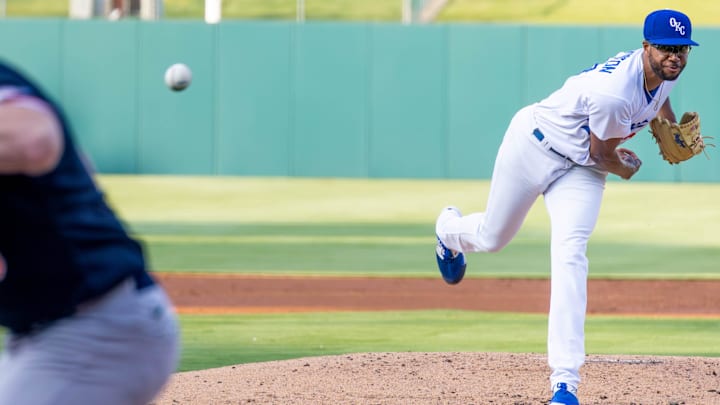 Oklahoma City Dodgers pitcher Mark Washington (33) pitches during a Minor League Baseball game between the Oklahoma City Dodgers and the Las Vegas Aviators at Chickasaw Bricktown Ballpark in Oklahoma City on Wednesday, June 21, 2023.