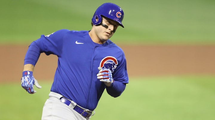 Sep 23, 2020; Pittsburgh, Pennsylvania, USA; Chicago Cubs first baseman Anthony Rizzo (44) circles the bases on a solo home run against the Pittsburgh Pirates during the first inning at PNC Park. Mandatory Credit: Charles LeClaire-Imagn Images