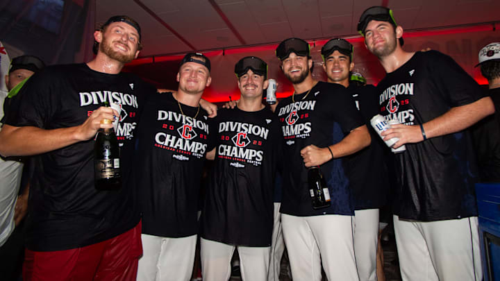 Sep 28, 2025; Cleveland, Ohio, USA;  Cleveland Guardians pitchers from left Tanner Bibee, Parker Messick, Logan Allen, Slade Cecconi, Joey Cantillo and Gavin Williams celebrate after the Guardians won the American League Central Division at Progressive Field. Mandatory Credit: Ken Blaze-Imagn Images