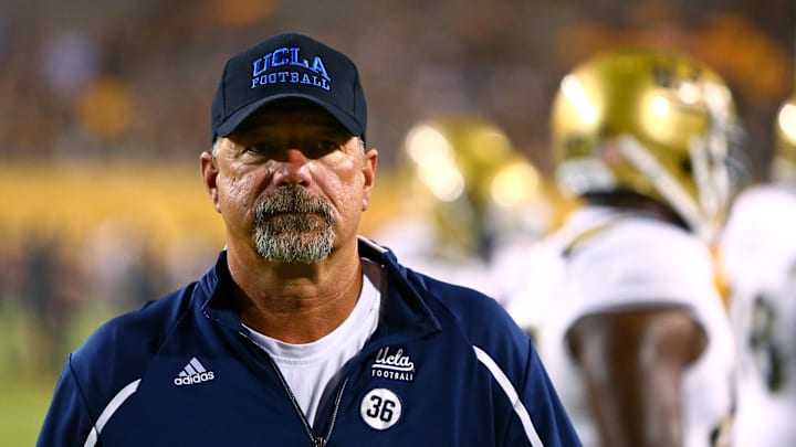 Sep 25, 2014; Tempe, AZ, USA; UCLA Bruins offensive coordinator Noel Mazzone against the Arizona State Sun Devils at Sun Devil Stadium. Mandatory Credit: Mark J. Rebilas-Imagn Images