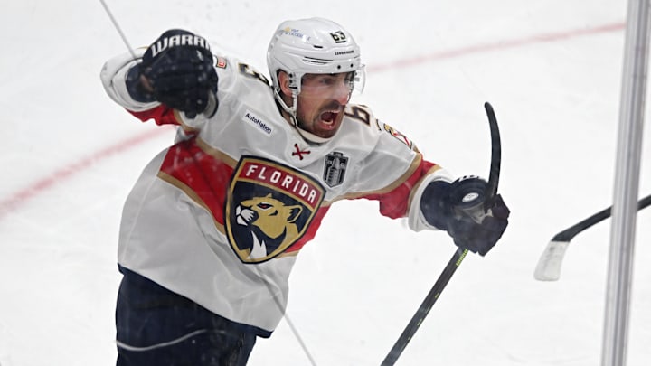 Florida Panthers center Brad Marchand reacts after scoring a goal on Edmonton Oilers goaltender Stuart Skinner.