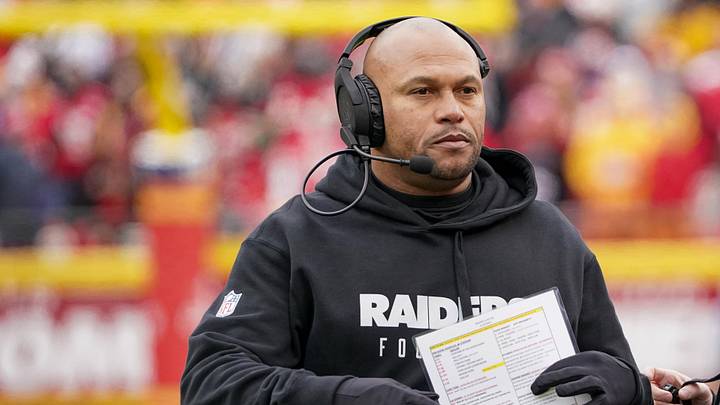 Dec 25, 2023; Kansas City, Missouri, USA; Las Vegas Raiders interim head coach Antonio Pierce on field against the Kansas City Chiefs during the first half at GEHA Field at Arrowhead Stadium. Mandatory Credit: Denny Medley-USA TODAY Sports