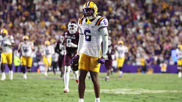 Oct 25, 2025; Baton Rouge, Louisiana, USA; Louisiana State Tigers wide receiver Barion Brown (6) celebrates after a play during the first half against the Texas A&M Aggies at Tiger Stadium. Mandatory Credit: Stephen Lew-Imagn Images