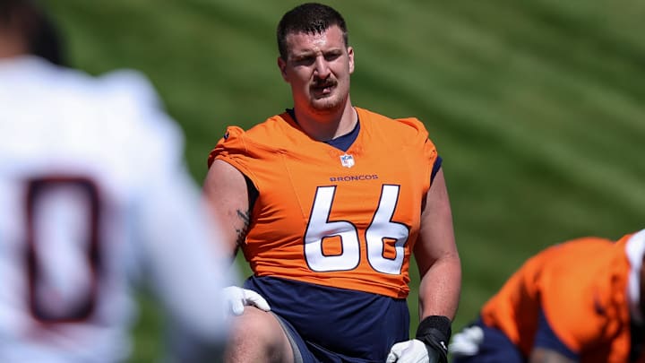 May 23, 2024; Englewood, CO, USA; Denver Broncos guard Nick Gargiulo (66) during organized team activities at Centura Health Training Center. May 23, 2024; Englewood, CO, USA; Denver Broncos guard Nick Gargiulo (66) during organized team activities at Centura Health Training Center.