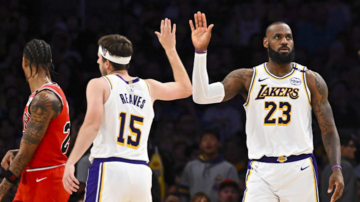 Mar 22, 2025; Los Angeles, California, USA; Los Angeles Lakers forward LeBron James (23) fives guard Austin Reaves (15) after scoring against the Chicago Bulls during the second half at Crypto.com Arena. Mandatory Credit: Jonathan Hui-Imagn Images Mar 22, 2025; Los Angeles, California, USA; Los Angeles Lakers forward LeBron James (23) fives guard Austin Reaves (15) after scoring against the Chicago Bulls during the second half at Crypto.com Arena. Mandatory Credit: Jonathan Hui-Imagn Images
