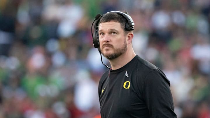 Oregon head coach Dan Lanning looks to the clock towards the end of the first half as the Oregon Ducks face the Ohio State Buckeyes Wednesday, Jan. 1, 2025, in the quarterfinal of the College Football Playoff at the Rose Bowl in Pasadena, Calif.
