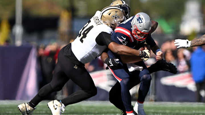 Oct 8, 2023; Foxborough, Massachusetts, USA; New England Patriots quarterback Mac Jones (10) is