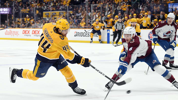 Mar 2, 2024; Nashville, Tennessee, USA; Nashville Predators left wing Kiefer Sherwood (44) shoots