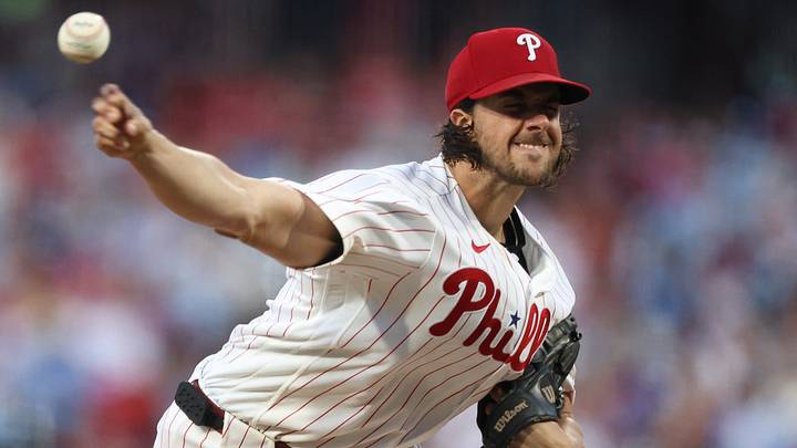 Aug 19, 2026; Philadelphia, Pennsylvania, USA; Philadelphia Phillies pitcher Aaron Nola (27) throws a pitch against the Miami Marlins at Citizens Bank Park. Mandatory Credit: Bill Streicher-Imagn Images