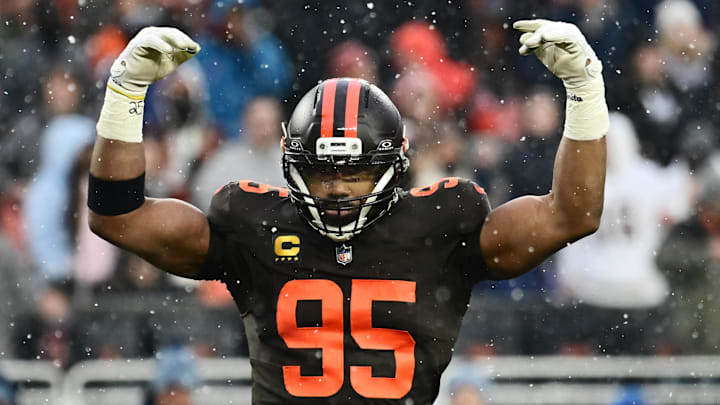 Dec 7, 2025; Cleveland, Ohio, USA; Cleveland Browns defensive end Myles Garrett (95) riles up the crowd against the Tennessee Titans during the fourth quarter at Huntington Bank Field. Mandatory Credit: Ken Blaze-Imagn Images