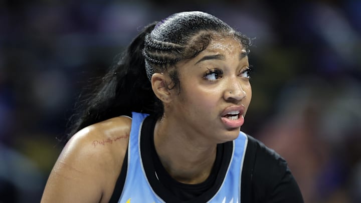 Jul 13, 2024; Chicago, Illinois, USA; Chicago Sky forward Angel Reese (5) looks on during the first half of a WNBA game against the New York Liberty at Wintrust Arena. Mandatory Credit: Kamil Krzaczynski-Imagn Images