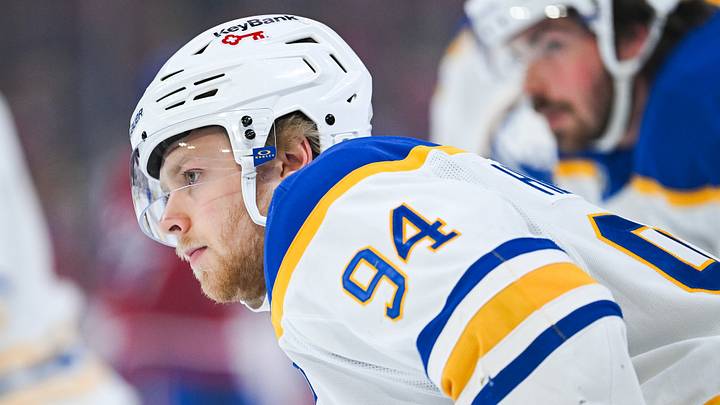 May 16, 2026; Montreal, Quebec, CAN; Buffalo Sabres center Konsta Helenius (94) looks on during warm-up before the game against the Montreal Canadiens in game six of the second round of the 2026 Stanley Cup Playoffs at Bell Centre. Mandatory Credit: David Kirouac-Imagn Images