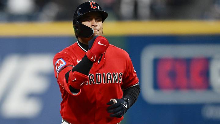 Apr 18, 2026; Cleveland, Ohio, USA; Cleveland Guardians catcher Bo Naylor (23) rounds the bases after hitting a home run during the eighth inning against the Baltimore Orioles at Progressive Field. Mandatory Credit: Ken Blaze-Imagn Images