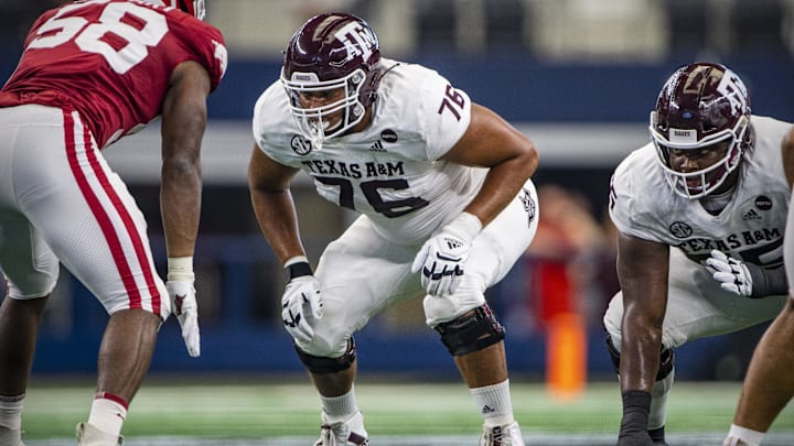 Texas A&M Aggies offensive lineman Reuben Fatheree II (76) in action during the game between the Arkansas Razorbacks and the Texas A&M Aggies at AT&T Stadium. Texas A&M Aggies offensive lineman Reuben Fatheree II (76) in action during the game between the Arkansas Razorbacks and the Texas A&M Aggies at AT&T Stadium.