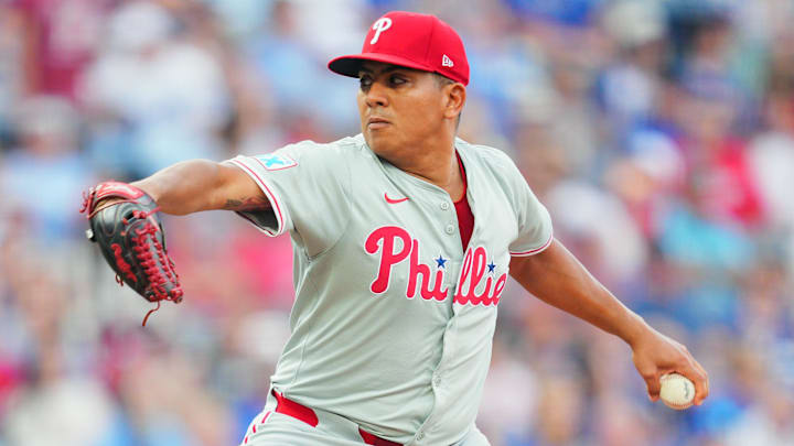 Philadelphia Phillies starting pitcher Ranger Suarez (55) pitches during the first inning against the Kansas City Royals at Kauffman Stadium. 