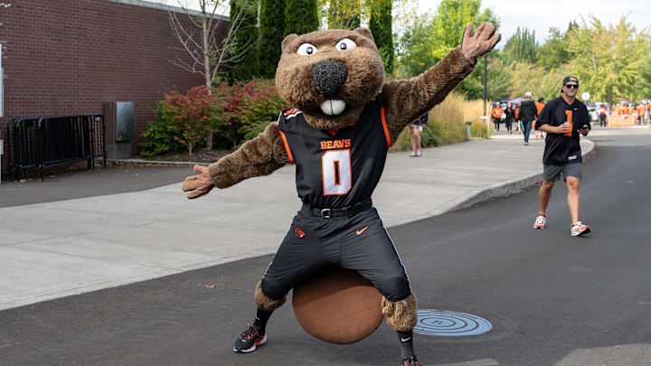 Sep 14, 2024; Corvallis, Oregon, USA; Oregon State Beavers mascot Benny Beaver arrives before the game against the Oregon Ducks at Reser Stadium. Mandatory Credit: Craig Strobeck-Imagn Images