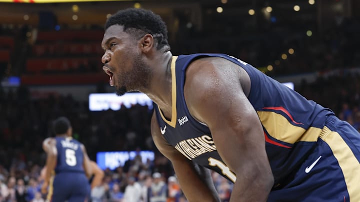 New Orleans Pelicans forward Zion Williamson (1) reacts after a call against him during the second half against the Oklahoma City Thunder at Paycom Center. New Orleans won 110-106. Mandatory Credit: Alonzo Adams-Imagn Images