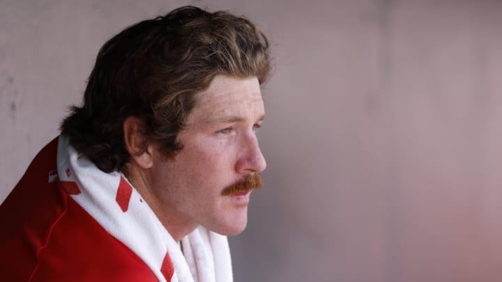 Mar 21, 2024; Jupiter, Florida, USA; St. Louis Cardinals starting pitcher Miles Mikolas (39) sits in