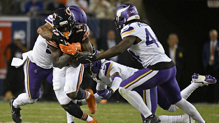 Sep 8, 2025; Chicago, Illinois, USA; Chicago Bears wide receiver Olamide Zaccheaus (14) makes a catch against the Minnesota Vikings during the first half at Soldier Field. Sep 8, 2025; Chicago, Illinois, USA; Chicago Bears wide receiver Olamide Zaccheaus (14) makes a catch against the Minnesota Vikings during the first half at Soldier Field.