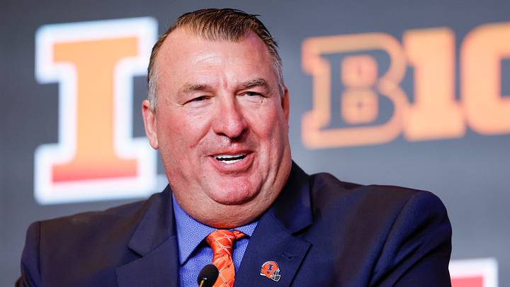 Jul 28, 2026; Chicago, IL, USA; Illinois Football head coach Bret Bielema speaks during Media Days at Hilton Chicago. Mandatory Credit: Kamil Krzaczynski-Imagn Images