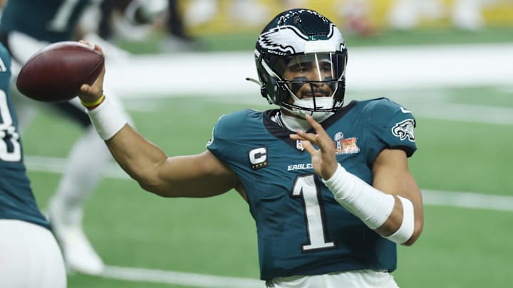 Feb 9, 2025; New Orleans, LA, USA;  Philadelphia Eagles quarterback Jalen Hurts (1) throws a pass against the Kansas City Chiefs in the third quarter in Super Bowl LIX between the Philadelphia Eagles and the Kansas City Chiefs at Ceasars Superdome.