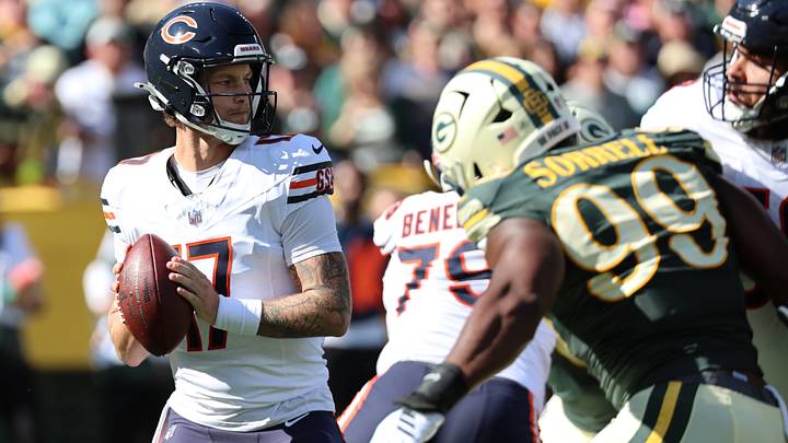 Tyson Bagent looks to pass against the Packers in the second quarter of Sunday's blowout loss.