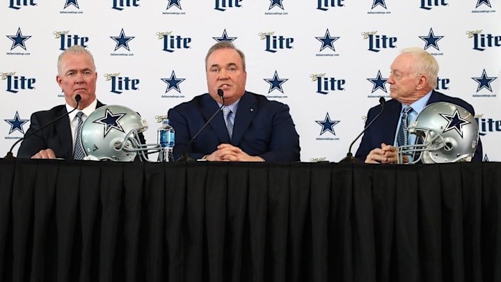 Jan 8, 2020; Frisco, Texas, USA; Dallas Cowboys head coach Mike McCarthy (center) answers questions with owner Jerry Jones (right) and executive vice president Stephen Jones during a press conference at Ford Center at the Star. Mandatory Credit: Matthew Emmons-Imagn Images