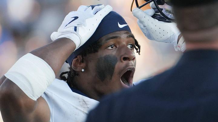 UConn's Skyler Bell reacts to a penalty against the Huskies as the Blue Hens drive for the tying score late in the fourth quarter of Delaware's 44-41 overtime win at Delaware Stadium, Sept. 13, 2025. UConn's Skyler Bell reacts to a penalty against the Huskies as the Blue Hens drive for the tying score late in the fourth quarter of Delaware's 44-41 overtime win at Delaware Stadium, Sept. 13, 2025.