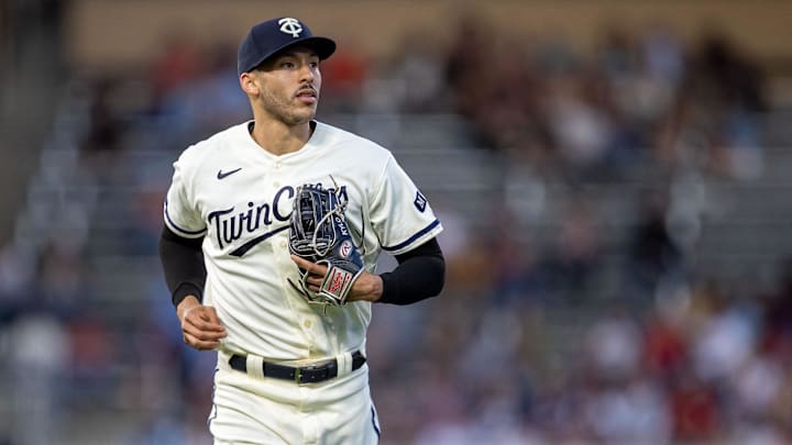 May 10, 2023; Minneapolis, Minnesota, USA; Minnesota Twins shortstop Carlos Correa (4) runs off the