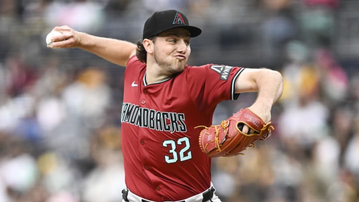 Jun 7, 2024; San Diego, California, USA; Arizona Diamondbacks starting pitcher Brandon Pfaadt (32) delivers during the first inning against the San Diego Padres at Petco Park. Mandatory Credit: Denis Poroy-USA TODAY Sports at Petco Park. 