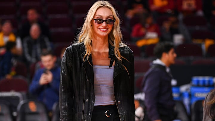 Los Angeles Sparks forward Cameron Brink looks on before the women’s college basketball game between the Notre Dame Fighting Irish and the USC Trojans.