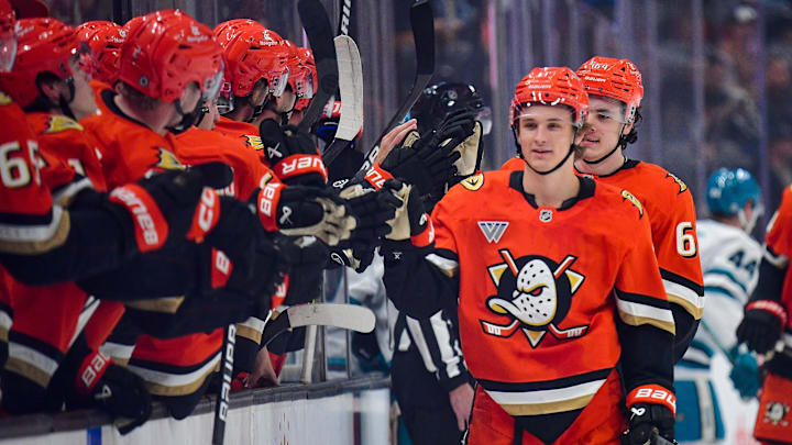 Anaheim Ducks center Trevor Zegras (11) celebrates his goal scored against the San Jose Sharks during the first period.