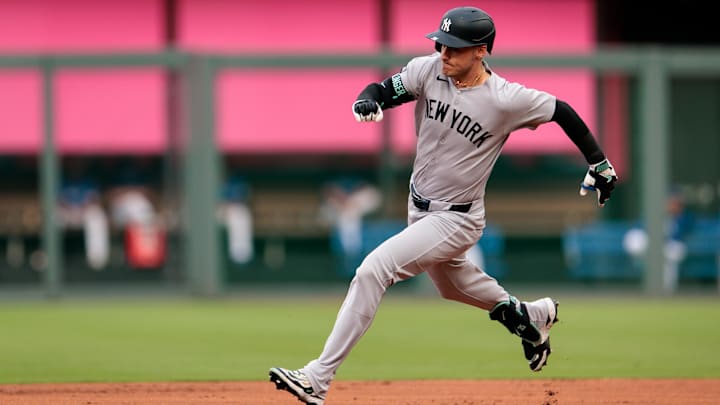Jun 11, 2025; Kansas City, Missouri, USA; New York Yankees outfielder Cody Bellinger (35) rounds the bases for a triple during the first inning against the Kansas City Royals at Kauffman Stadium. Mandatory Credit: William Purnell-Imagn Images Jun 11, 2025; Kansas City, Missouri, USA; New York Yankees outfielder Cody Bellinger (35) rounds the bases for a triple during the first inning against the Kansas City Royals at Kauffman Stadium. Mandatory Credit: William Purnell-Imagn Images