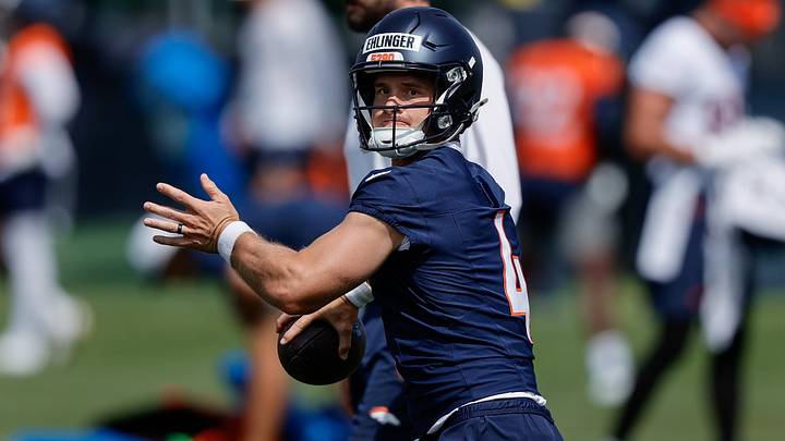 Jul 24, 2025; Englewood, CO, USA; Denver Broncos quarterback Sam Ehlinger (4) during Denver Broncos Training Camp. 