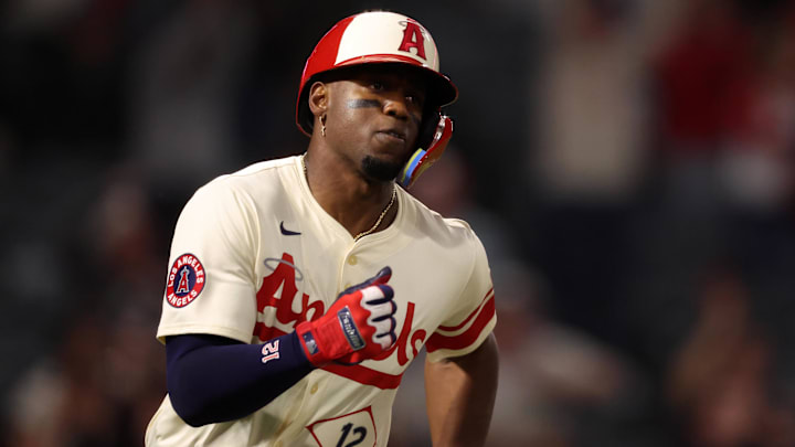 May 7, 2025; Anaheim, California, USA; Los Angeles Angels right fielder Jorge Soler (12) hits a walk-off double during the ninth inning against the Toronto Blue Jays at Angel Stadium. Mandatory Credit: Kiyoshi Mio-Imagn Images May 7, 2025; Anaheim, California, USA; Los Angeles Angels right fielder Jorge Soler (12) hits a walk-off double during the ninth inning against the Toronto Blue Jays at Angel Stadium. Mandatory Credit: Kiyoshi Mio-Imagn Images
