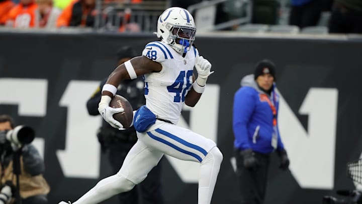 Dec 10, 2023; Cincinnati, Ohio, USA; Indianapolis Colts safety Ronnie Harrison Jr. (48) runs the interception back for a touchdown during the second quarter against the Cincinnati Bengals at Paycor Stadium.