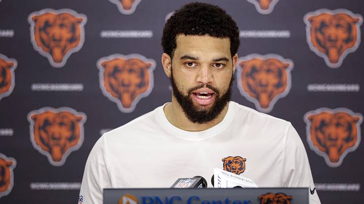 Jun 11, 2026; Lake Forest, IL, USA; Chicago Bears quarterback Caleb Williams (18) speaks during Minicamp at Halas Hall. Mandatory Credit: Kamil Krzaczynski-Imagn Images Jun 11, 2026; Lake Forest, IL, USA; Chicago Bears quarterback Caleb Williams (18) speaks during Minicamp at Halas Hall. Mandatory Credit: Kamil Krzaczynski-Imagn Images