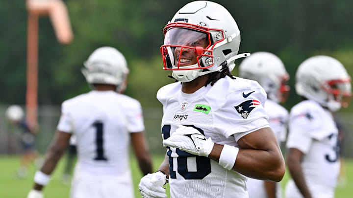Jun 9, 2025; Foxborough, MA, USA; New England Patriots wide receiver Kyle Williams (18) reacts after completing a drill during minicamp at Gillette Stadium. Mandatory Credit: Eric Canha-Imagn Images